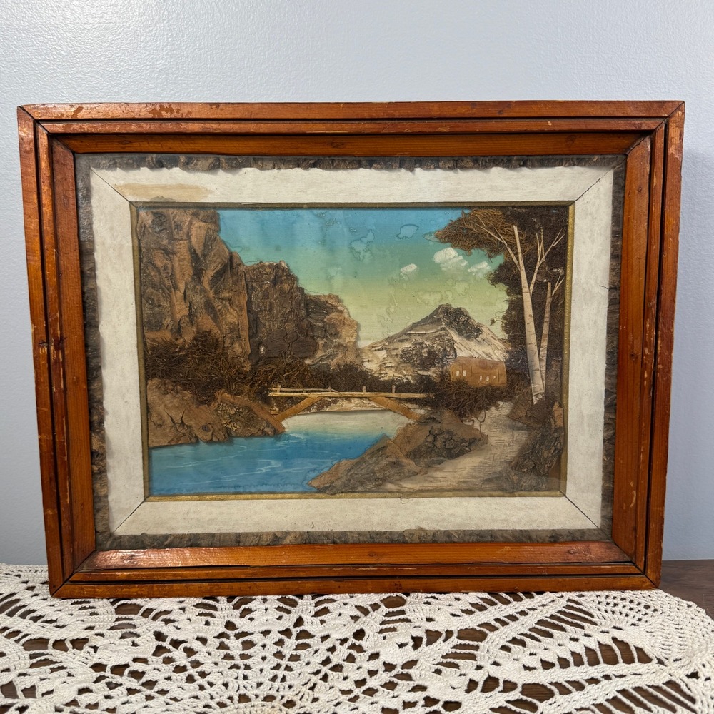 Vintage 3D Bark and Moss Mixed Media Mountain Landscape Diorama Framed Art Japan
